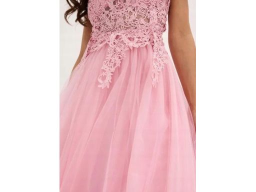B.P.C długa sukienka różowa sznurowana tiulowa z koronką i z cyrkoniam