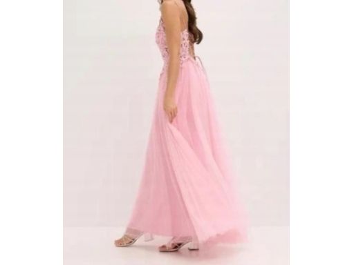 B.P.C długa sukienka różowa sznurowana tiulowa z koronką i z cyrkoniam