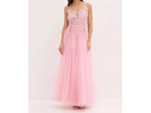 B.P.C długa sukienka różowa sznurowana tiulowa z koronką i z cyrkoniam