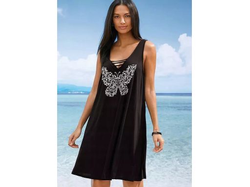 B.P.C sukienka tunika plażowa czarna z nadrukiem 44/46.
