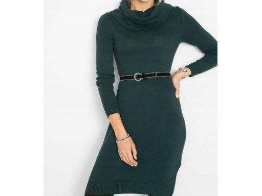 B.P.C sukienka dzianinowa z szerokim golfem butelkowa zieleń r.32/34