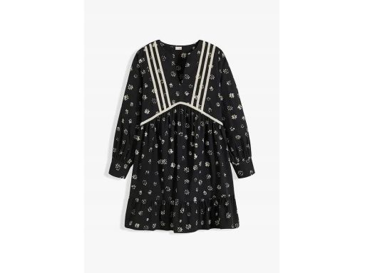 B.P.C rozkloszowana sukienka mini czarna z beżowym nadrukiem z koronką