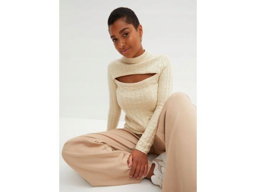 B.P.C beżowy sweter w warkocze z wycięciem 44/46.