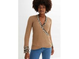 B.P.C sweter z efektem założenia kopertowego beżowy z cętkami 40/42.