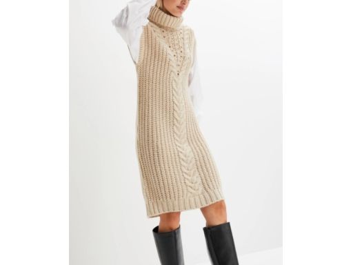 B.P.C sukienka beżowa dzianinowa z golfem z koszulowymi rękawami r.32/