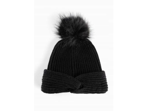 B.P.C czarna czapka z wywinięciem i z pomponem z eko futerka uniwersal