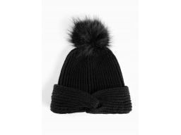 B.P.C czarna czapka z wywinięciem i z pomponem z eko futerka uniwersal