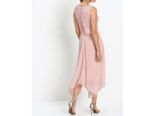 B.P.C sukienka szyfonowa asymetryczna różowa z koronką 36.
