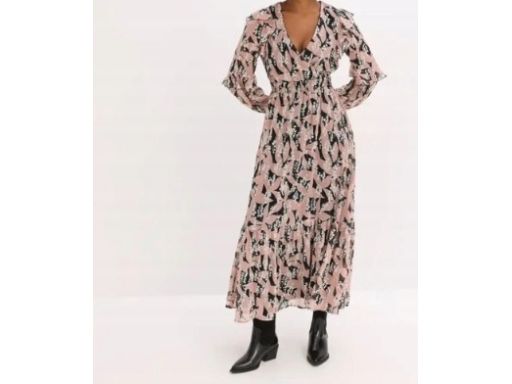 B.P.C sukienka szyfonowa z falbanami długa we wzory 38.