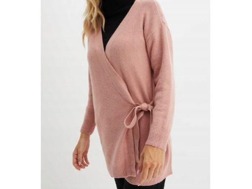 B.P.C długi sweter kopertowy wiązany pudrowy róż r.44/46