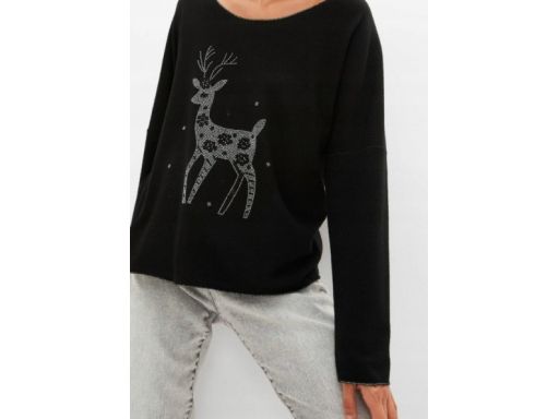 B.P.C czarna bluzka dzianinowa ze srebrnym wzorem świątecznym ^40/42