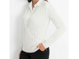 B.P.C śmietankowy sweterek kopertowy ażurowy ^48/50