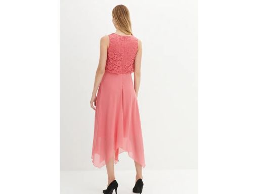 B.P.C sukienka szyfonowa asymetryczna koralowa z koronką 54.