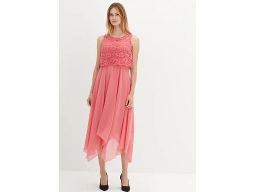 B.P.C sukienka szyfonowa asymetryczna koralowa z koronką 54.