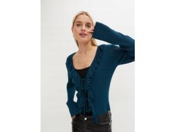 B.P.C sweterek dzianinowy prążkowany z wiązaniem i falbanką 40/42.