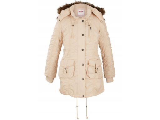 B.P.C kurtka-parka z marszczeniami beżowa z kapturem z futerkiem 40.