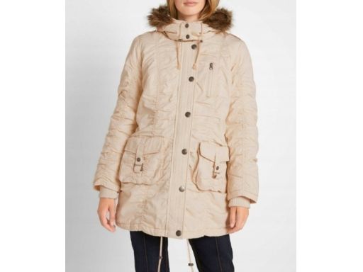 B.P.C kurtka-parka z marszczeniami beżowa z kapturem z futerkiem 40.
