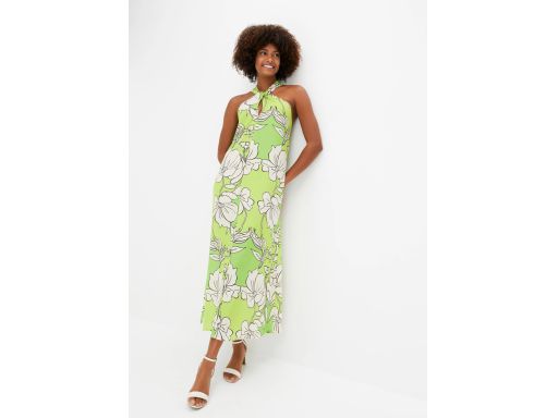 B.P.C sukienka długa zielono-limonkowa w kwiaty z wiązaniem na szyi ^5