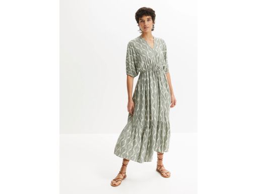 B.P.C sukienka wiskozowa midi beżowa z zielonym wzorem ^50