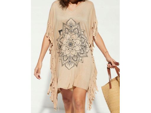B.P.C beżowa tunika plażowa z nadrukiem mandala i frędzlami ^52/54