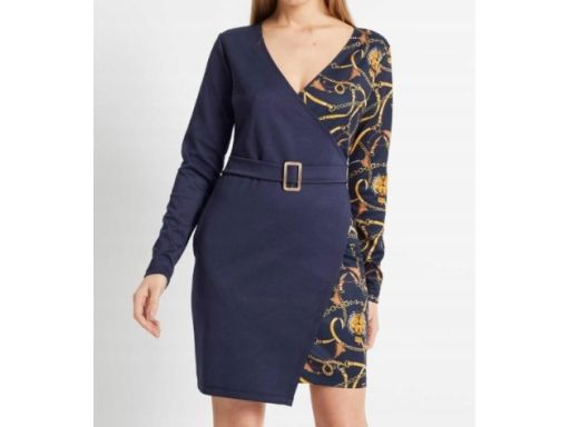 B.P.C granatowa sukienka we wzory z efektem założenia kopertowego 40/4