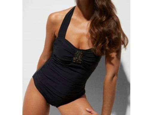 B.P.C czarny kostium kąpielowy lekki stopień modelowania z kamieniami