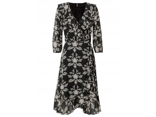 B.P.C sukienka szyfonowa kopertowa czarna we wzory midi 36.
