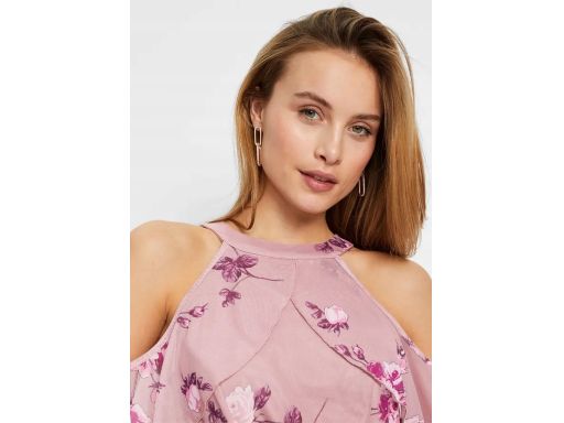 B.P.C długa maxi sukienka siateczkowa róż w kwiaty odkryte ramiona 32/