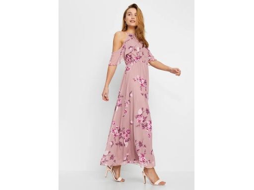 B.P.C długa maxi sukienka siateczkowa róż w kwiaty odkryte ramiona 32/