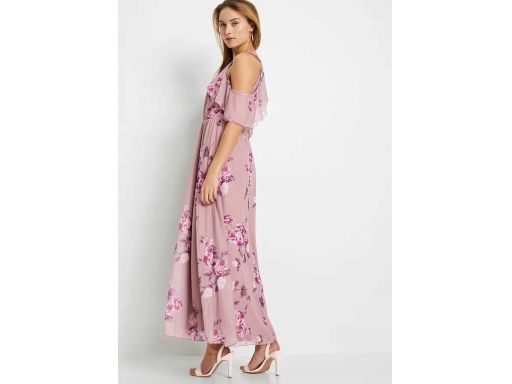 B.P.C długa maxi sukienka siateczkowa róż w kwiaty odkryte ramiona 32/