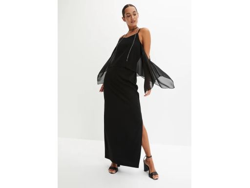 B.P.C długa wieczorowa czarna sukienka z szyfonowym akcentem r.50