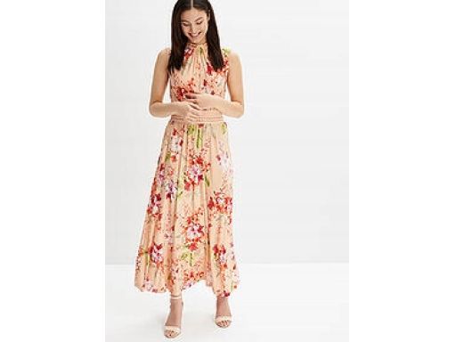 B.P.C długa sukienka beżowa w kwiaty z ażurową koronką ^40/42