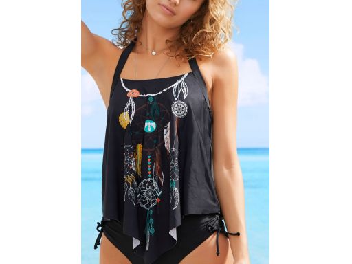 B.P.C tankini czarne z nadrukiem łapacz snów asymetryczne z figami 38.