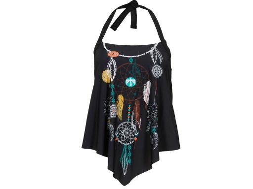 B.P.C tankini czarne z nadrukiem łapacz snów asymetryczne z figami 38.