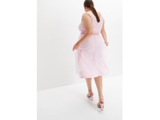 B.P.C jasnoróżowa sukienka midi z koronką 36/38.