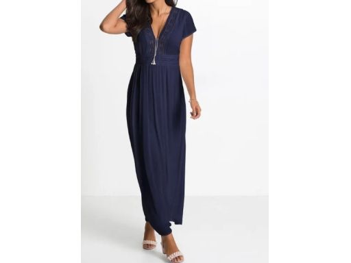 B.P.C granatowa sukienka z wiskozy z koronką długa r.46