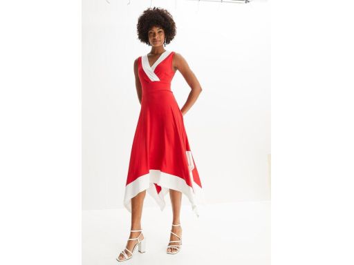 B.P.C czerwona sukienka letnia z białymi pasami asymetryczna r.36/38