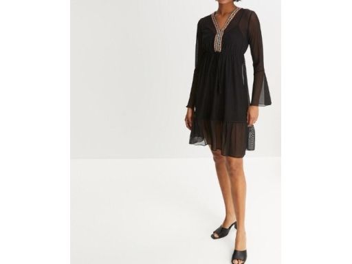 B.P.C siateczkowa sukienka czarna z ozdobną tasiemką w dekolcie ^36/38