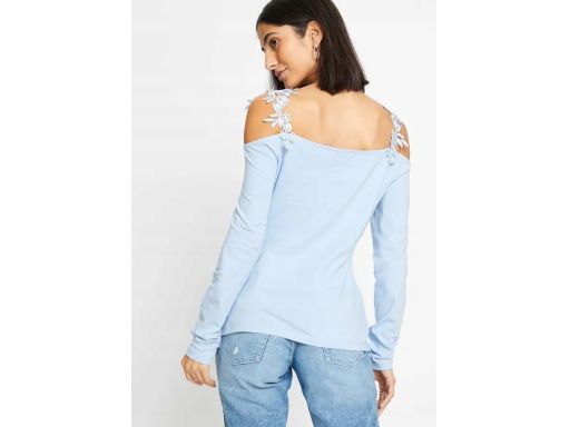 B.P.C niebieska bluzka z odkrytymi ramionami i koronką ^36/38