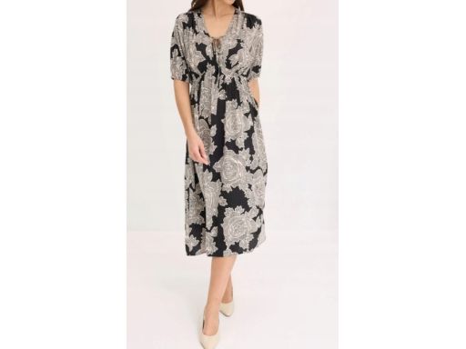 B.P.C sukienka midi ze śliskiej satyny czarna z białym nadrukiem ^38