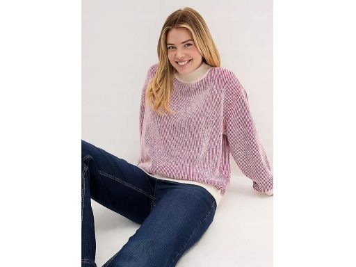 B.P.C sweter w paski śmietankowo-jeżynowy z wełną r.44/46