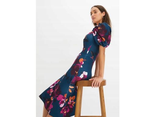 B.P.C sukienka ciemny turkus w kwiaty z bufiastymi rękawkami ^44/46