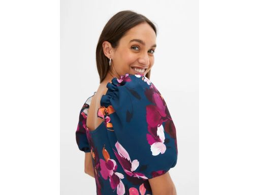 B.P.C sukienka ciemny turkus w kwiaty z bufiastymi rękawkami ^44/46