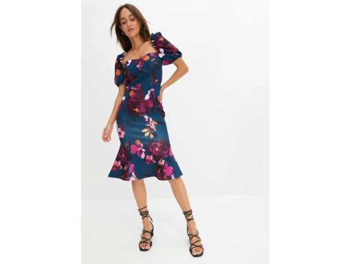 B.P.C sukienka ciemny turkus w kwiaty z bufiastymi rękawkami ^44/46