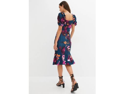 B.P.C sukienka ciemny turkus w kwiaty z bufiastymi rękawkami ^44/46