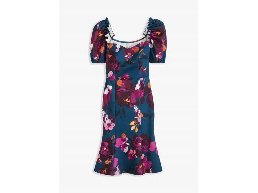 B.P.C sukienka ciemny turkus w kwiaty z bufiastymi rękawkami ^44/46