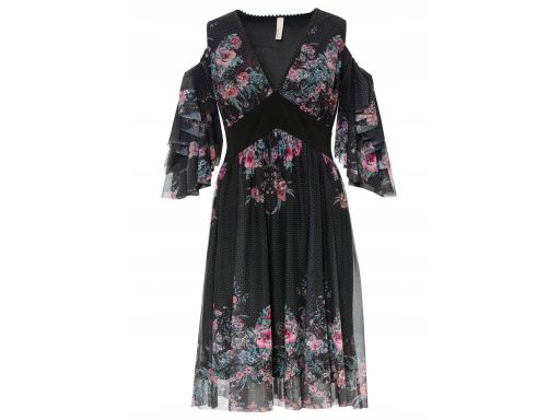 B.P.C siateczkowa sukienka odkryte ramiona czarna w kwiaty 36/38.