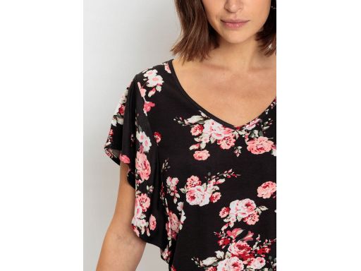 B.P.C czarna bluzka w kwiaty z falbankowymi rękawami ^40/42
