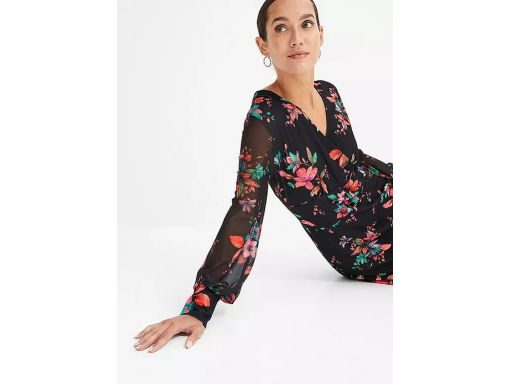 B.P.C ołówkowa sukienka czarna w kwiaty z siateczkowymi rękawami ^40/4