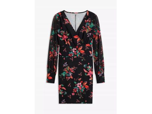 B.P.C ołówkowa sukienka czarna w kwiaty z siateczkowymi rękawami ^40/4